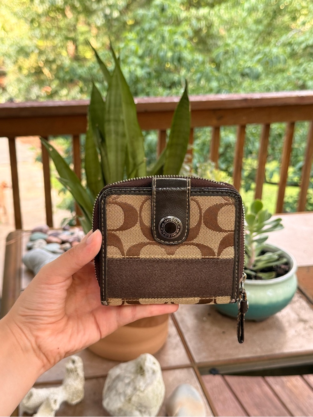 Coach Brown Signature Canvas Zip Wallet with Dark Brown Trim